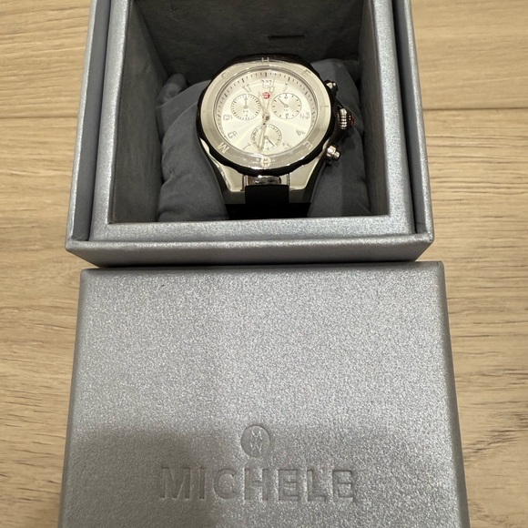Michele Silver Chronograph Watch with Black Strap